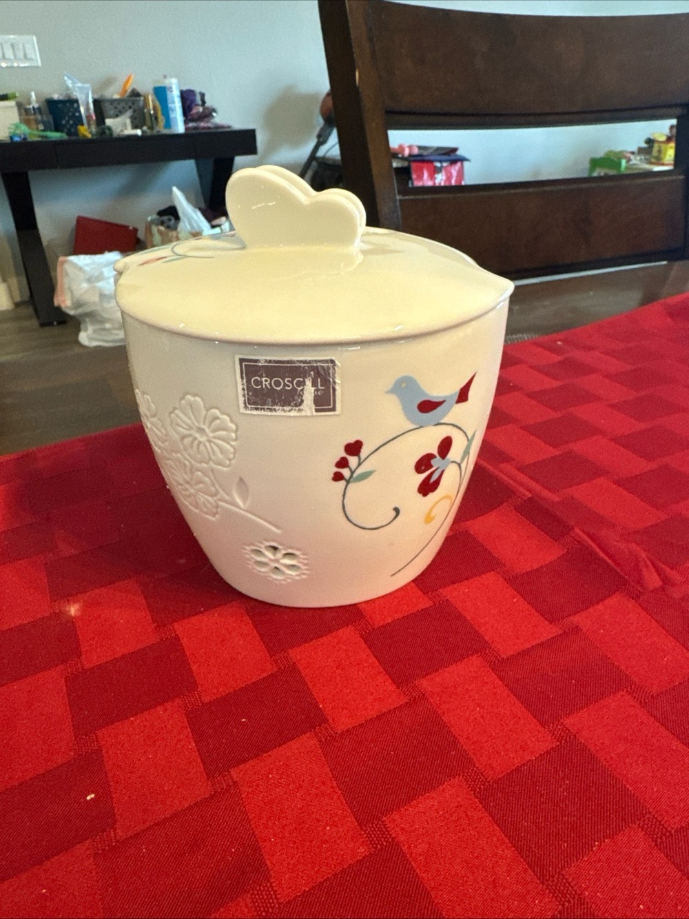 Croscill butterfly Top Ceramic Canister with Bird Motif - White & Red